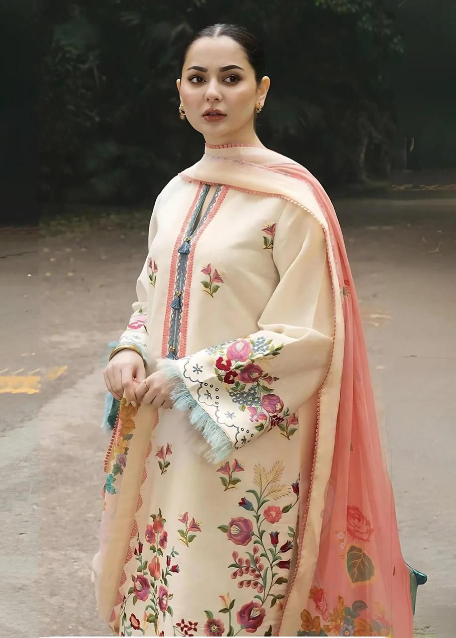 ZARA SHAHJAHAN LAWN  WITH  DIGITAL Diamond DUPATTA Floral Embroidered Lawn Suit with Pink Dupatta