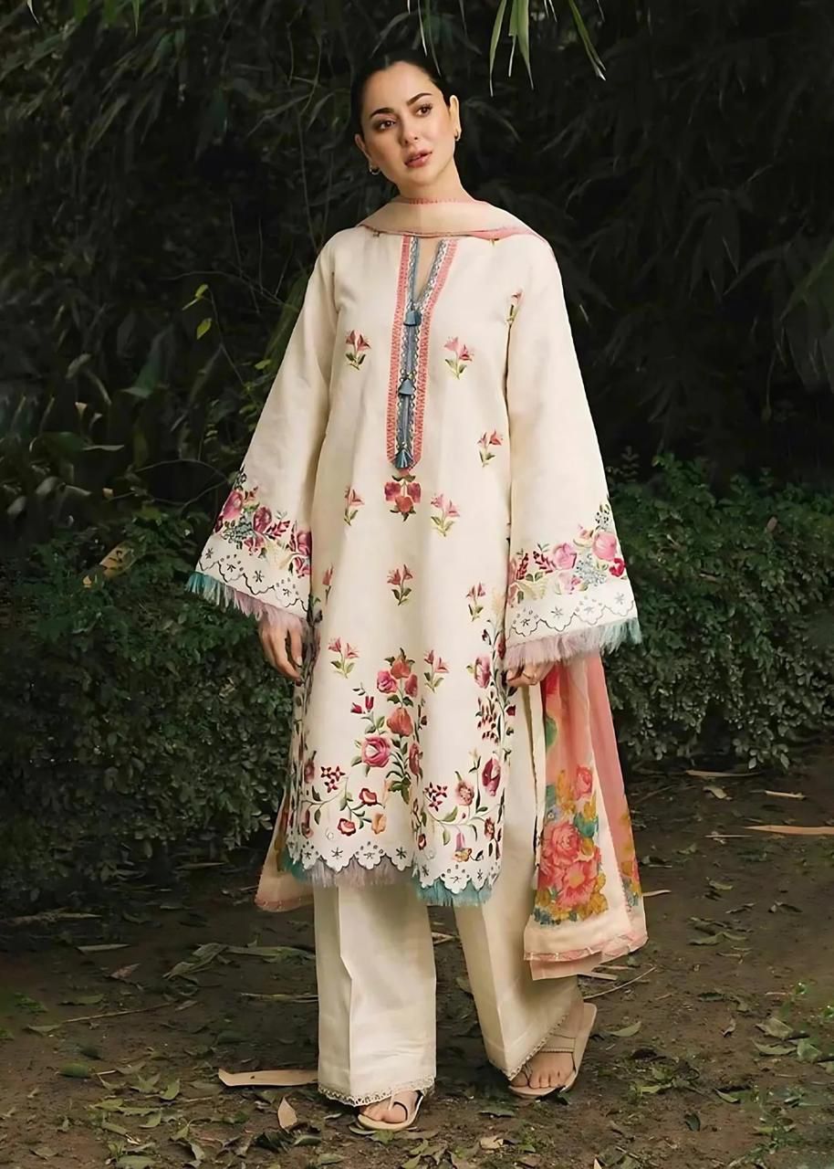 ZARA SHAHJAHAN LAWN  WITH  DIGITAL Diamond DUPATTA Floral Embroidered Lawn Suit with Pink Dupatta