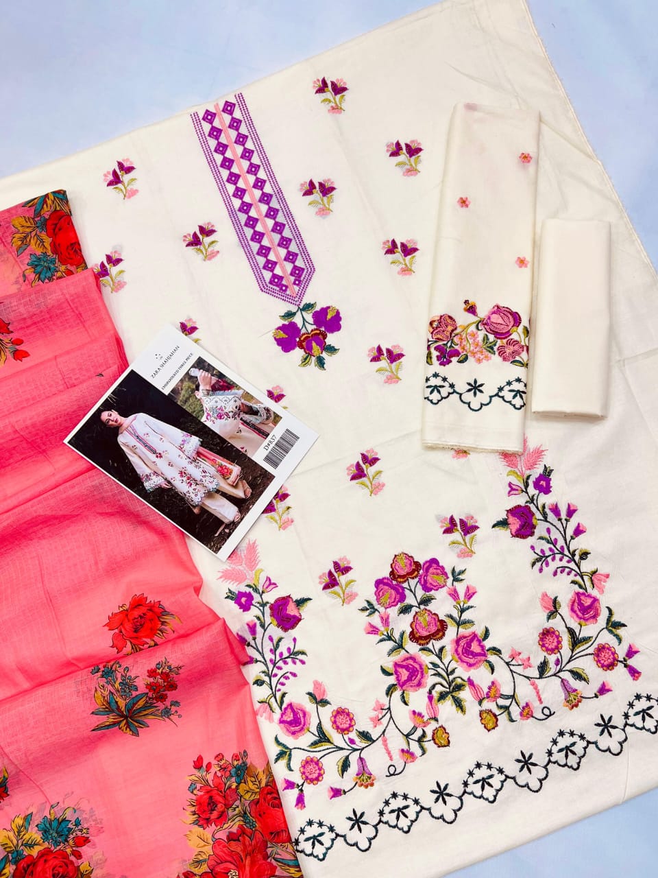 ZARA SHAHJAHAN LAWN  WITH  DIGITAL Diamond DUPATTA Floral Embroidered Lawn Suit with Pink Dupatta