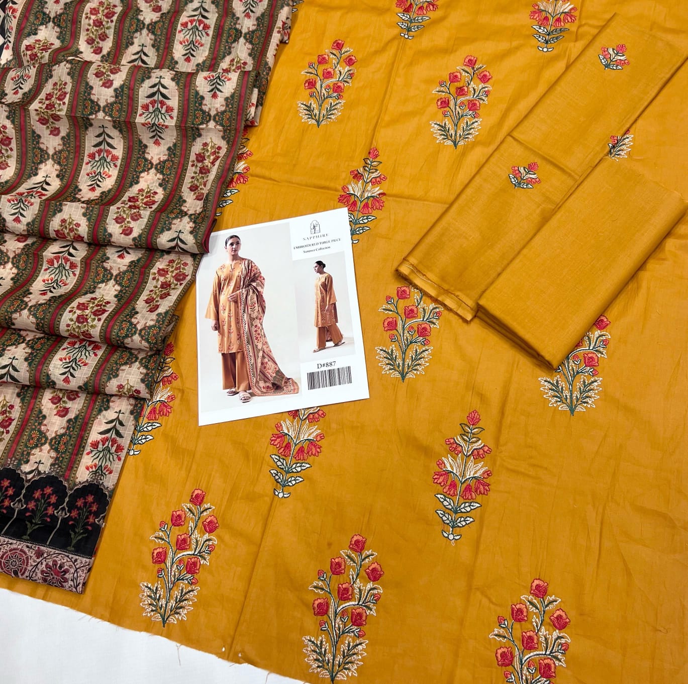 Sapphire Embroidered Mustard Lawn Three-Piece Suit SAPPHIRE LAWN  WITH  DIGITAL Diamond DUPATTA