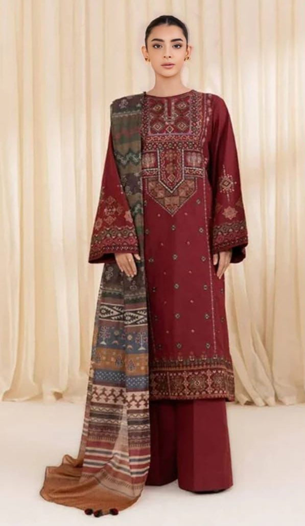 Ethnic Maroon Embroidered Lawn Suit – Traditional Three-Piece Ensemble 3 piece suit unstitched