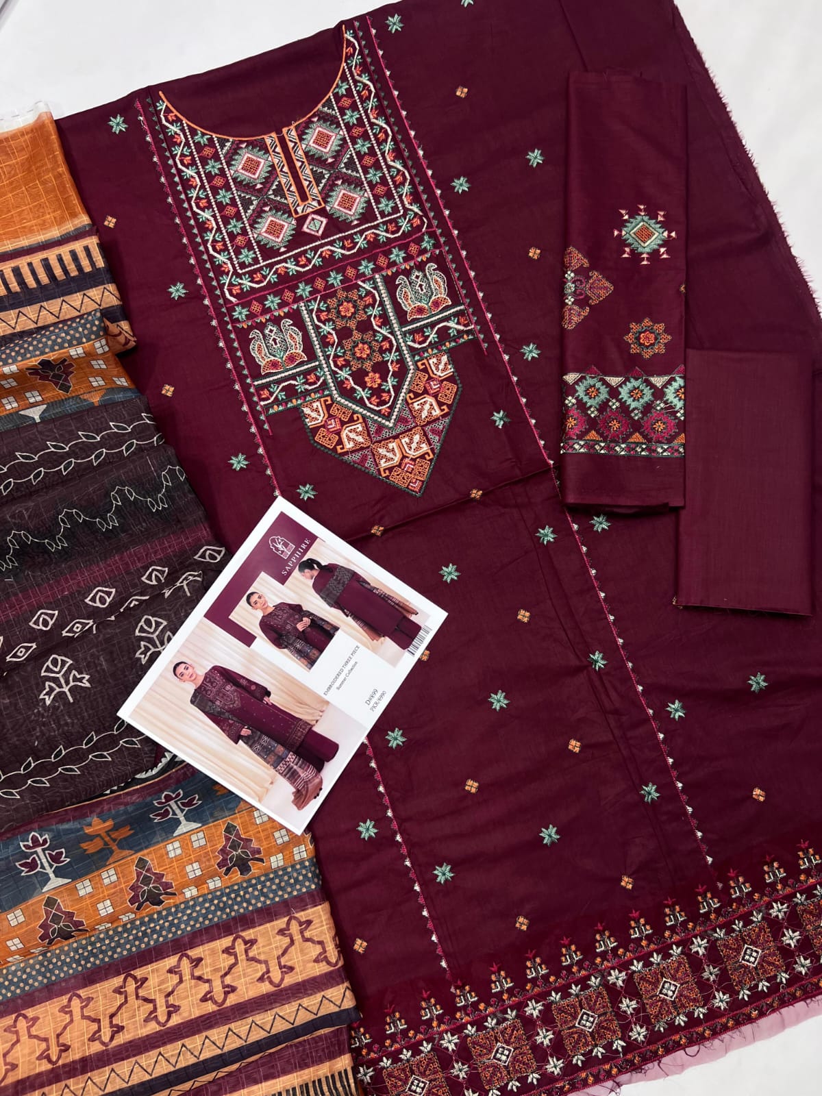 Ethnic Maroon Embroidered Lawn Suit – Traditional Three-Piece Ensemble 3 piece suit unstitched