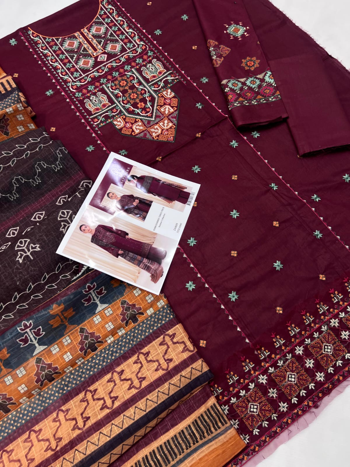 Ethnic Maroon Embroidered Lawn Suit – Traditional Three-Piece Ensemble 3 piece suit unstitched