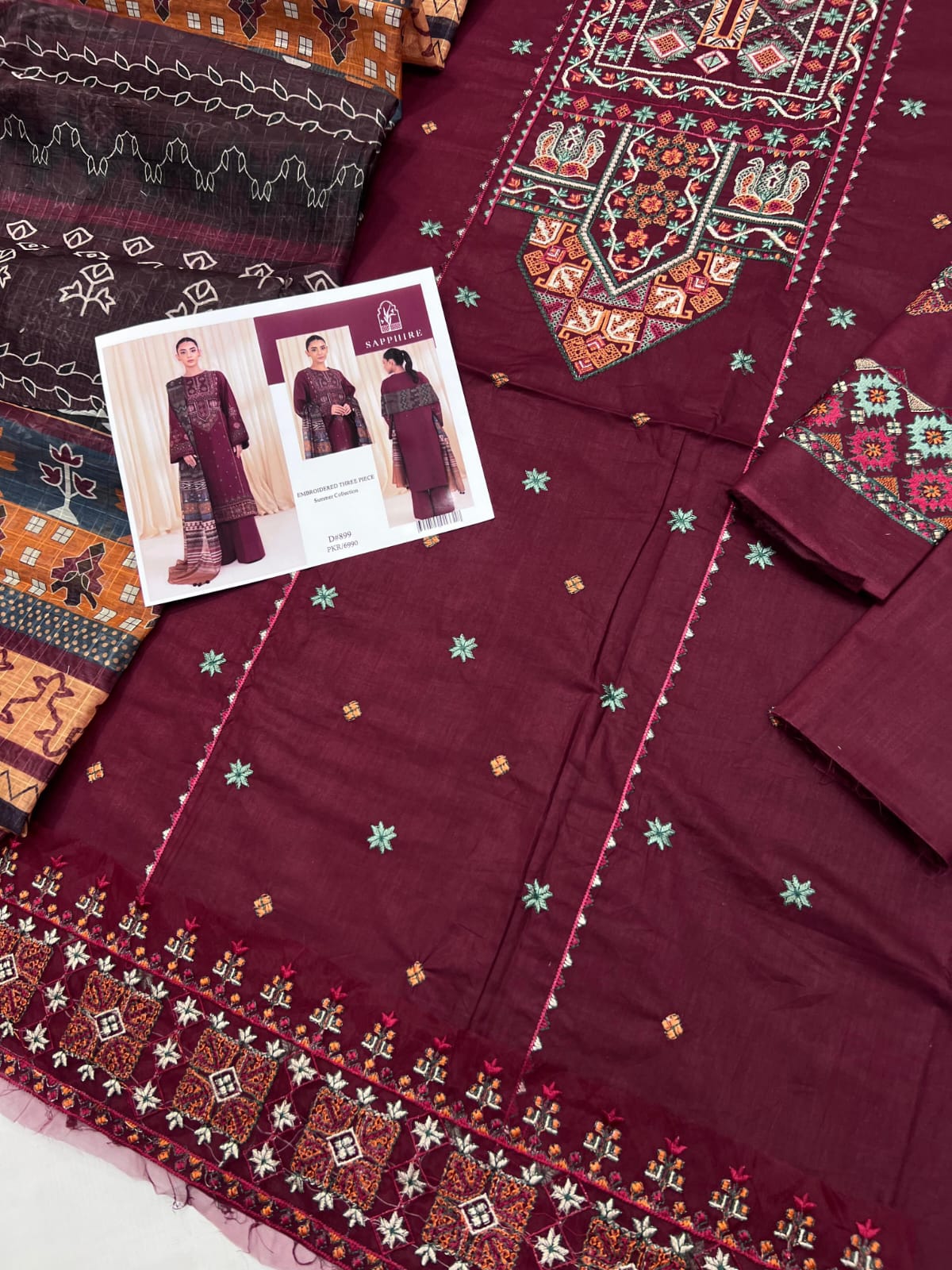 Ethnic Maroon Embroidered Lawn Suit – Traditional Three-Piece Ensemble 3 piece suit unstitched